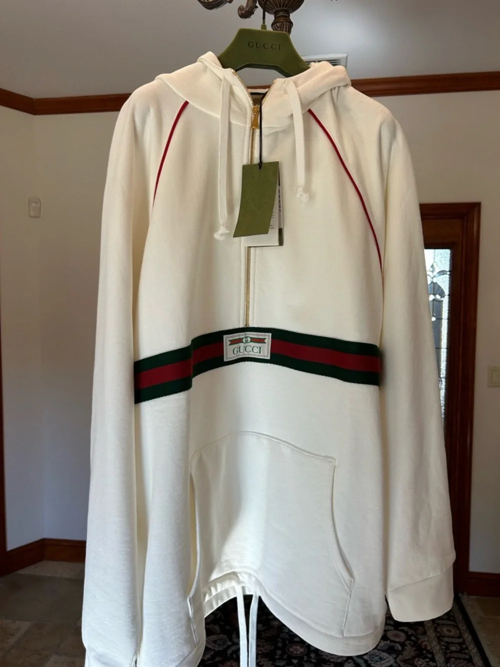 Men's Gucci cotton half zip hoodie signature green/red web trim gold size XXL